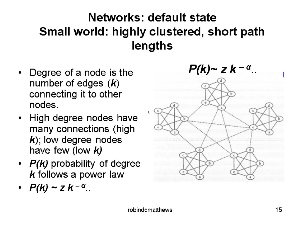 Networks: default state Small world: highly clustered, short path lengths Degree of a node